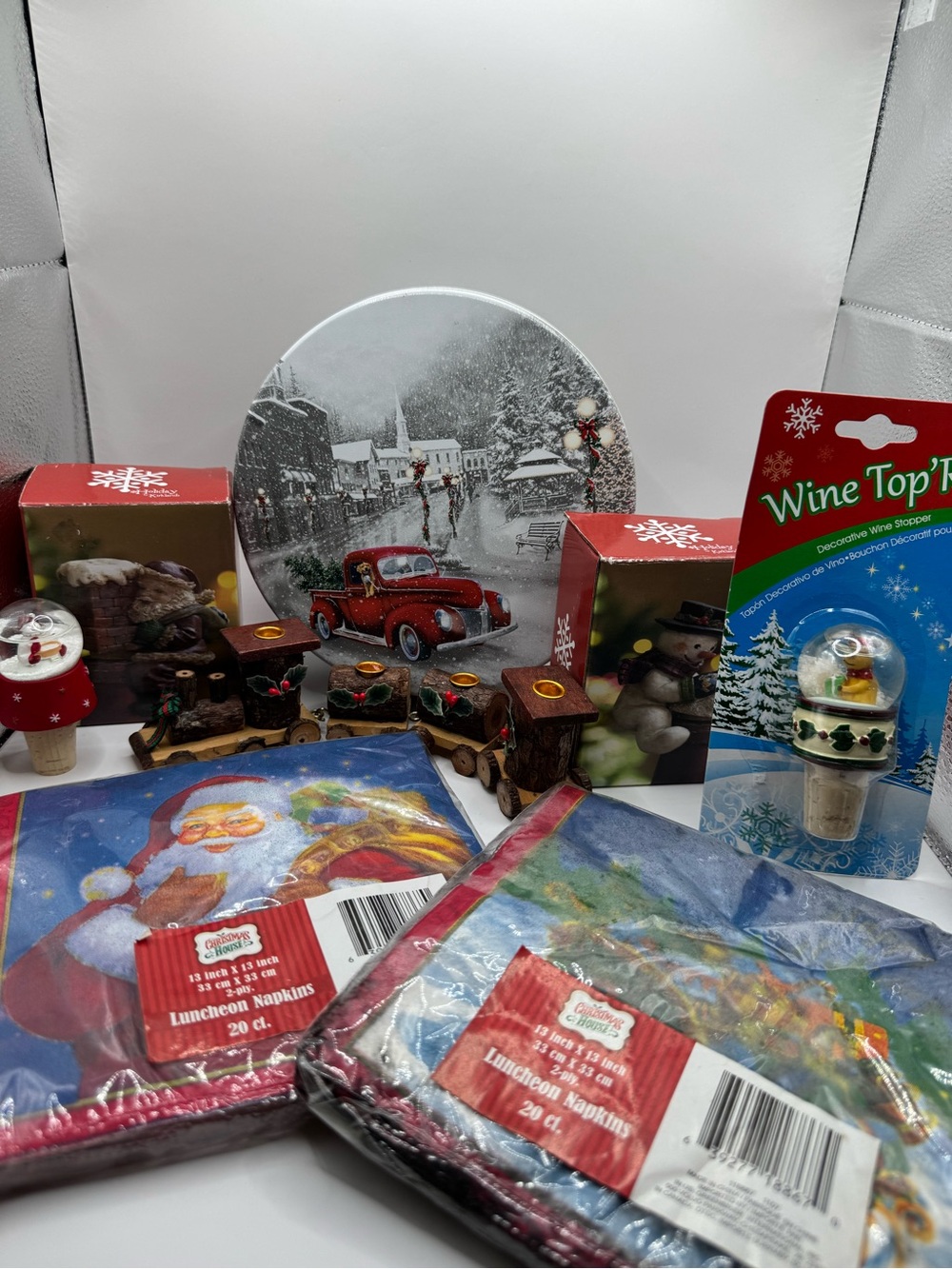 7 Pc Mixed Christmas Decor Lot Wine Stoppers Train Napkins Red Truck Scene
